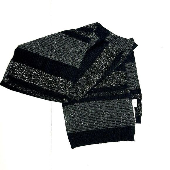 NWOT Eric Bompard Cashmere Long Scarf Knit Black and Silver 74x10” - Picture 3 of 9